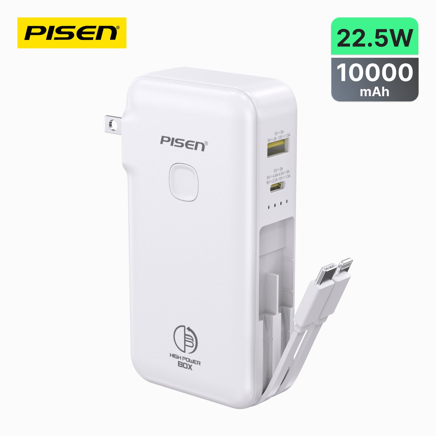 PISEN High Power Box 22.5W  With Two build-in Cables  10000mAh  Power Bank TS-D312