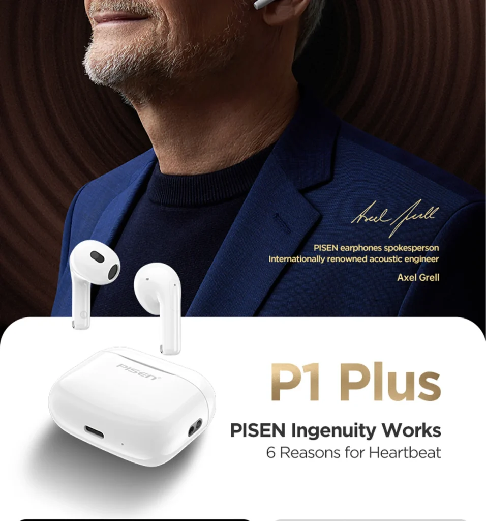 PISEN P1 Plus wireless earbuds - white earbuds and charging case
