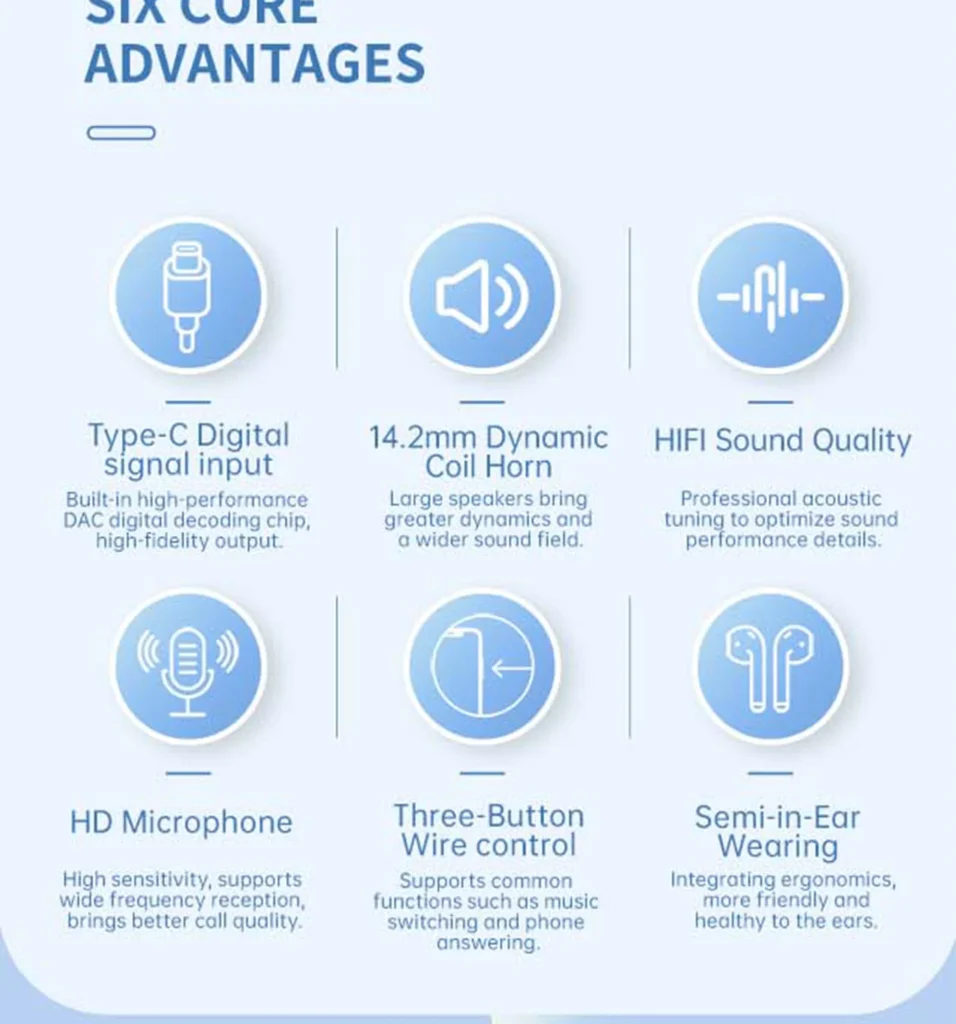 PISEN TP-CP03 USB-C wired earphones - six-feature icon overview