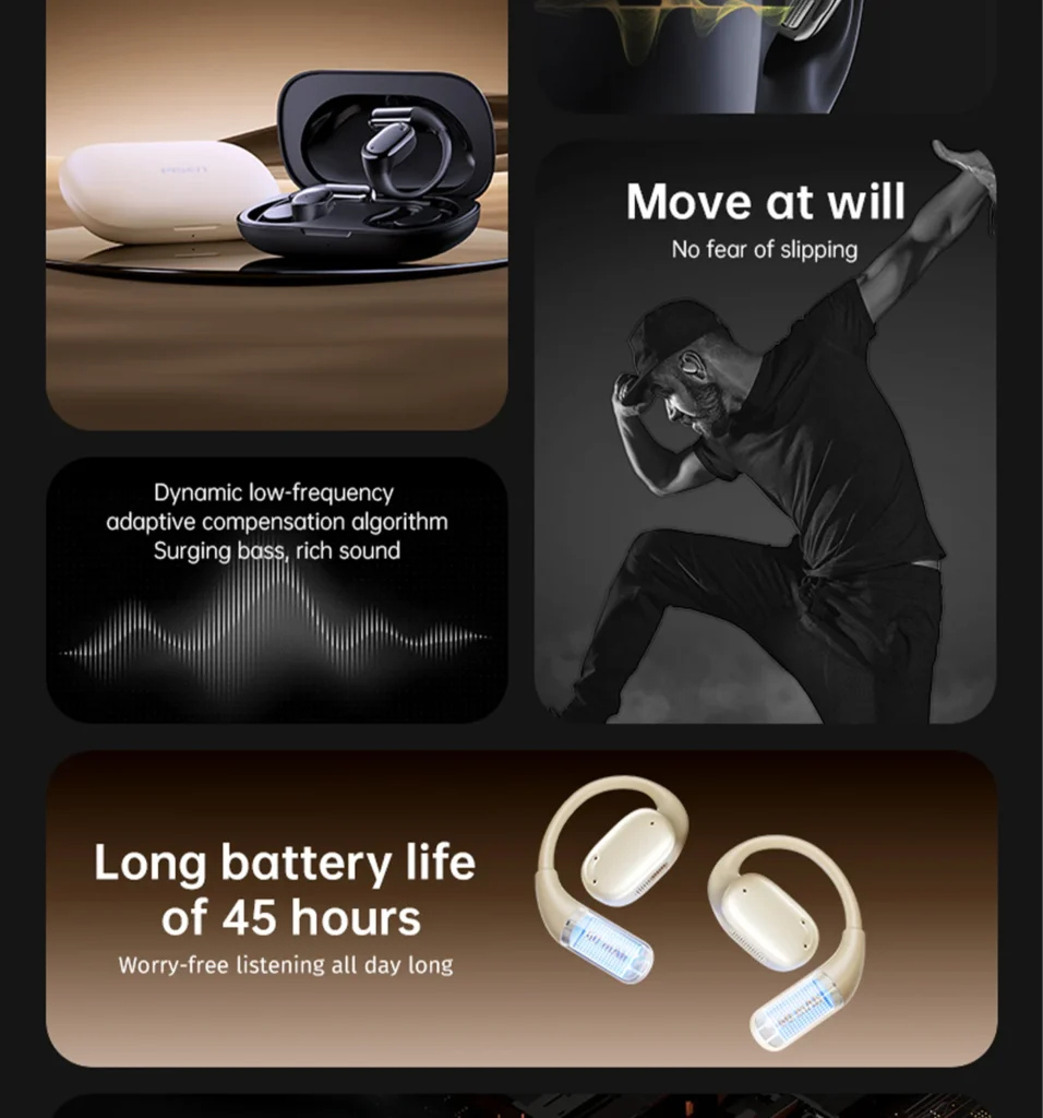 PISEN O1 open-ear headset - exercise and battery feature overview