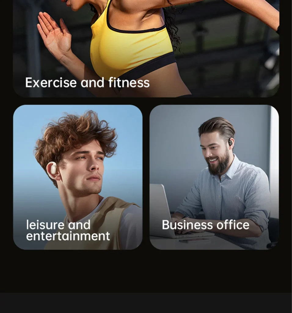 PISEN O1 open-ear headset - exercise and office-use examples
