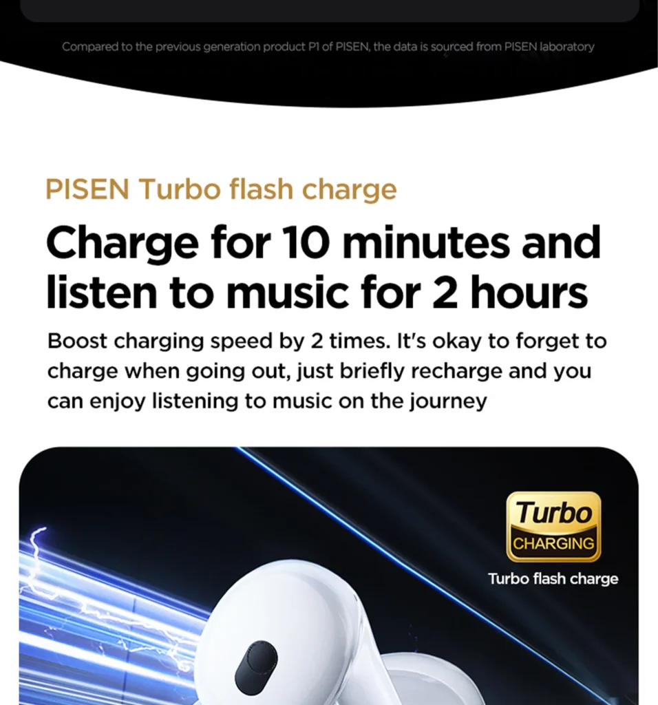 PISEN P1 Plus wireless earbuds - fast charging feature section