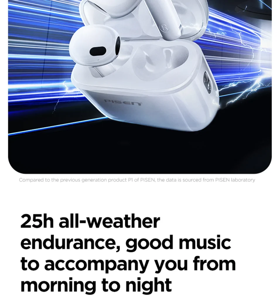 PISEN P1 Plus wireless earbuds - battery endurance graphic