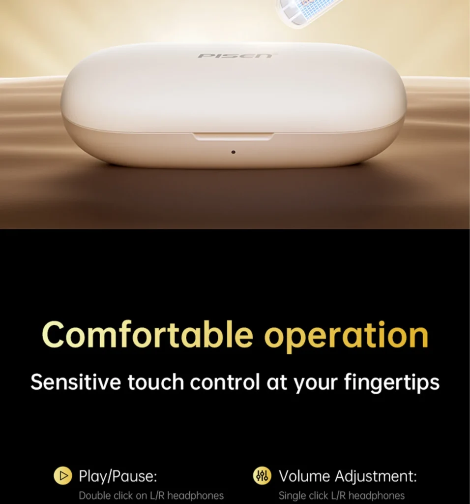 PISEN O1 open-ear headset - charging case and touch control section