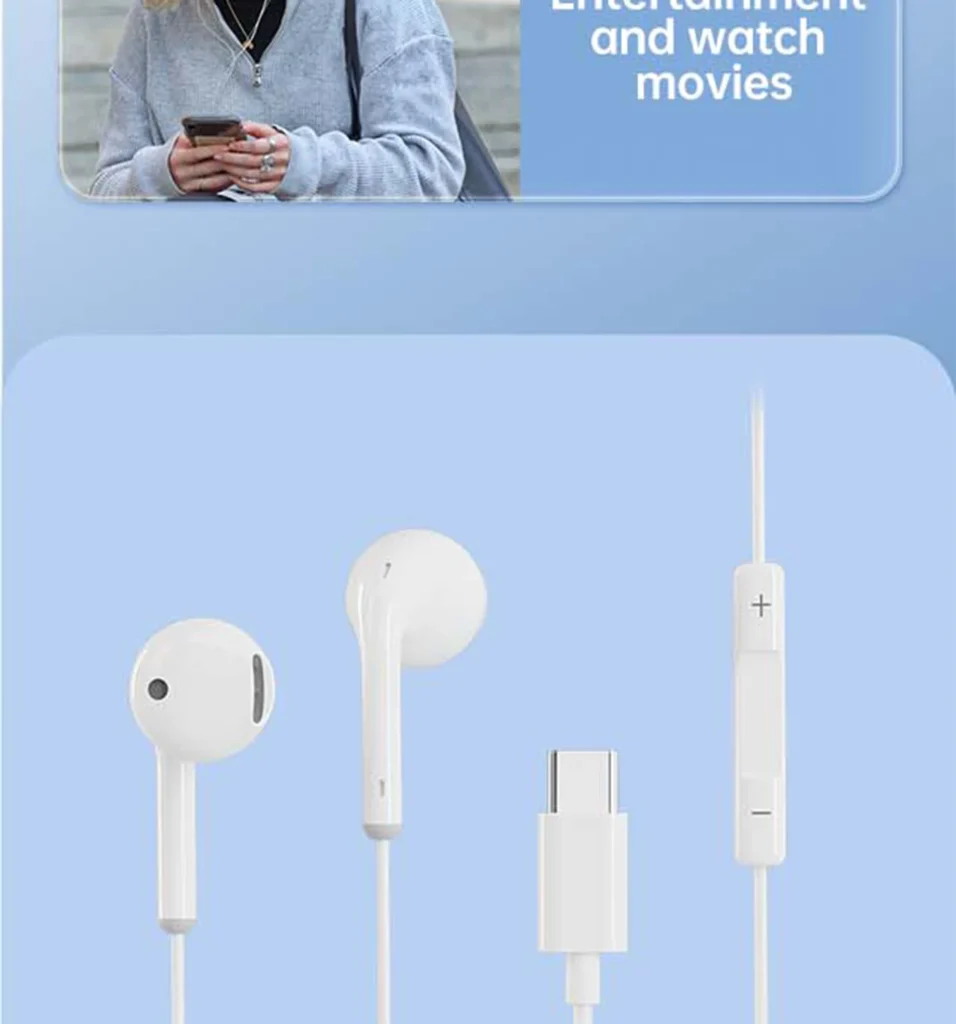 PISEN TP-CP03 USB-C wired earphones - white earbuds and USB-C connector