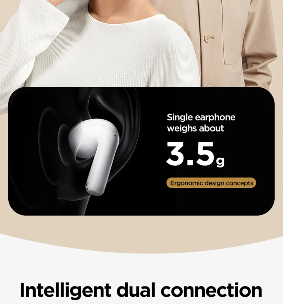 PISEN P1 Plus wireless earbuds - earbud weight and device connection graphic