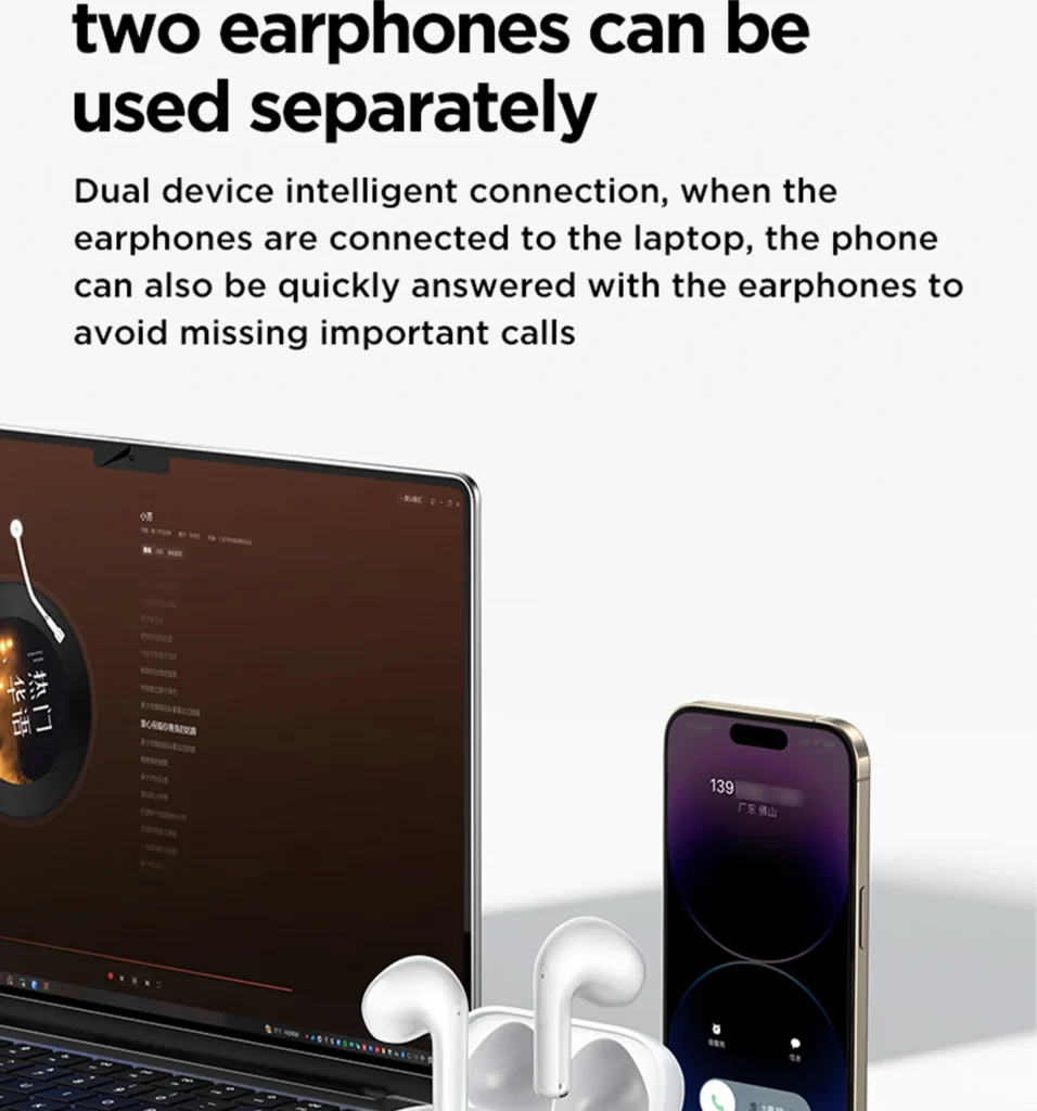 PISEN P1 Plus wireless earbuds - earbuds connected to laptop and phone