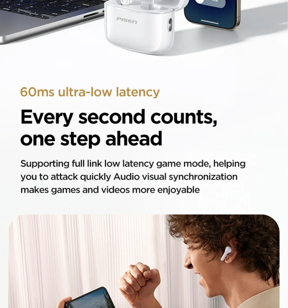PISEN P1 Plus wireless earbuds - mobile gaming feature section