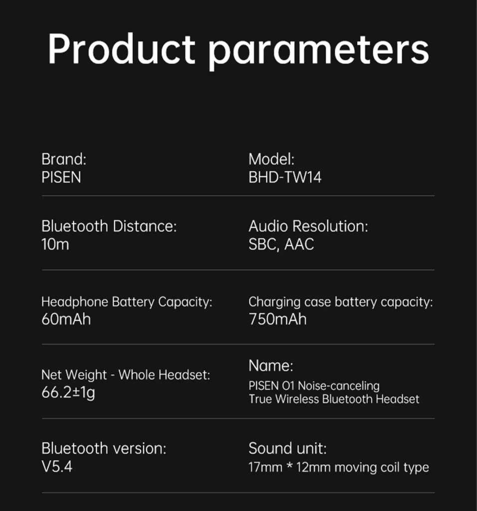 PISEN O1 open-ear headset - product parameter table
