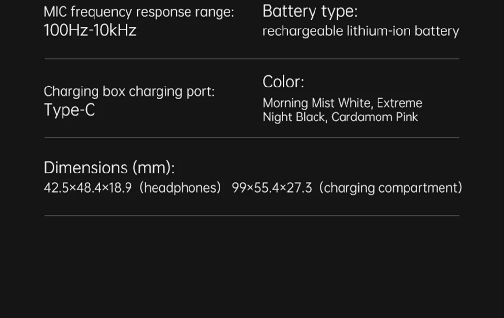 PISEN O1 open-ear headset - dimensions and charging specifications