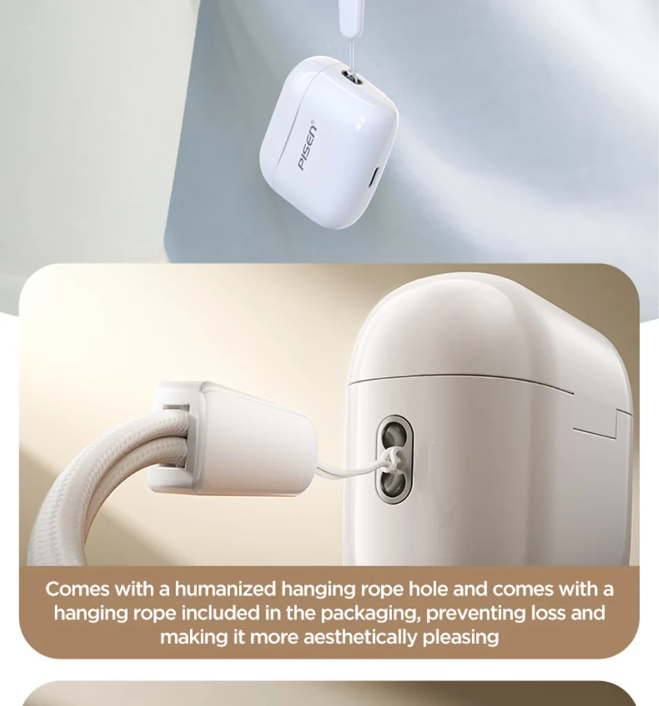 PISEN P1 Plus wireless earbuds - charging case lanyard close-up