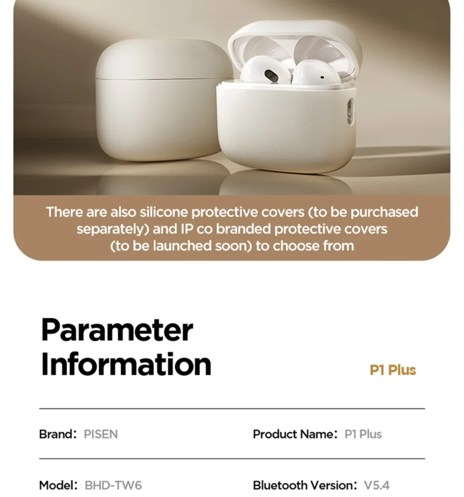 PISEN P1 Plus wireless earbuds - charging case and parameter table
