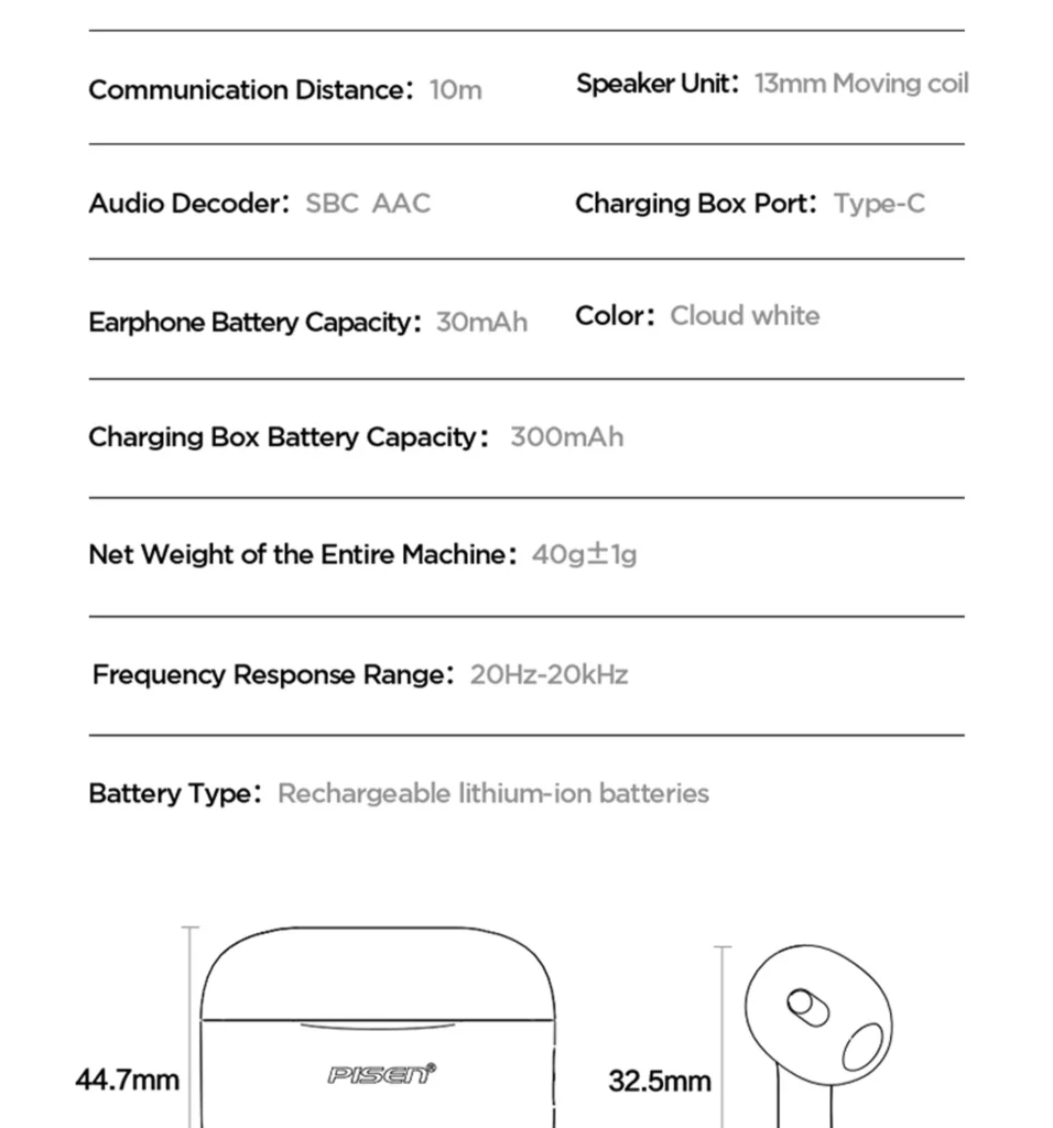PISEN P1 Plus wireless earbuds - battery and dimension specification table