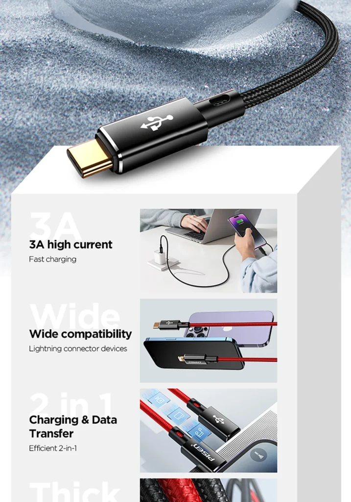 CL PD09 PISEN QUICK 3A C to L Aluminum Shell Braided Data Cable English 02