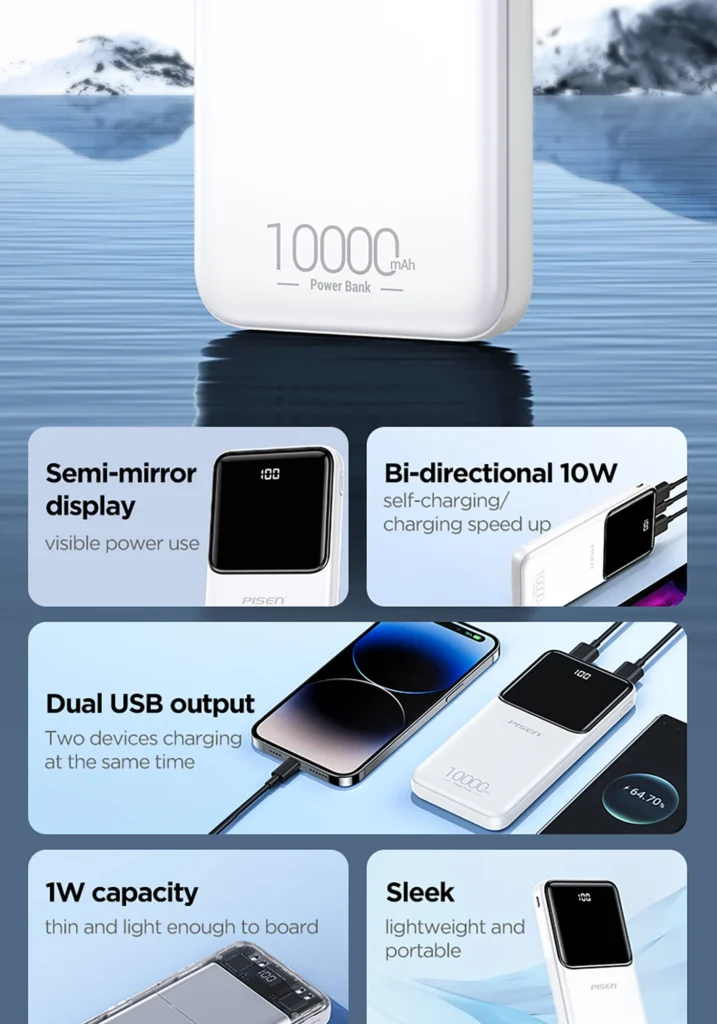 PISEN 10W Semi-Mirror Display Power Bank 10000 (International Version) TP D053 02