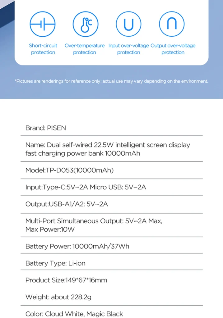 PISEN 10W Semi-Mirror Display Power Bank 10000 (International Version) TP D053 07