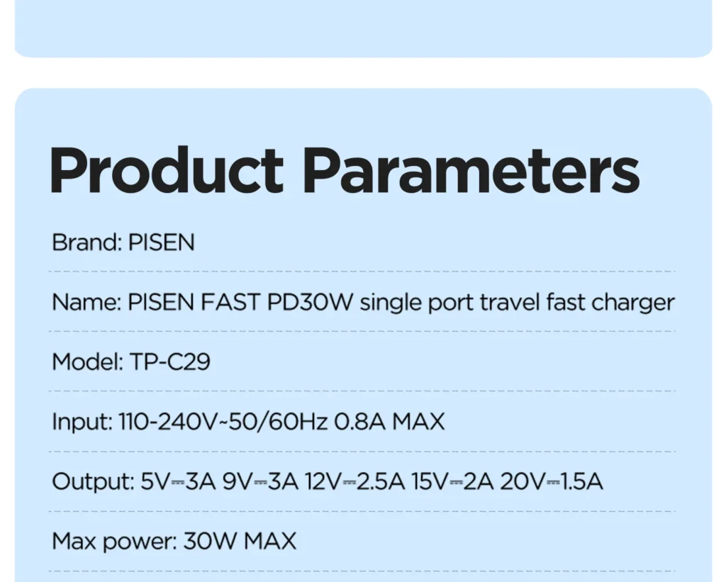 PISEN PD30W Single-Port Travel Fast Charger Set (C To C) (C T L) (US Version) 12