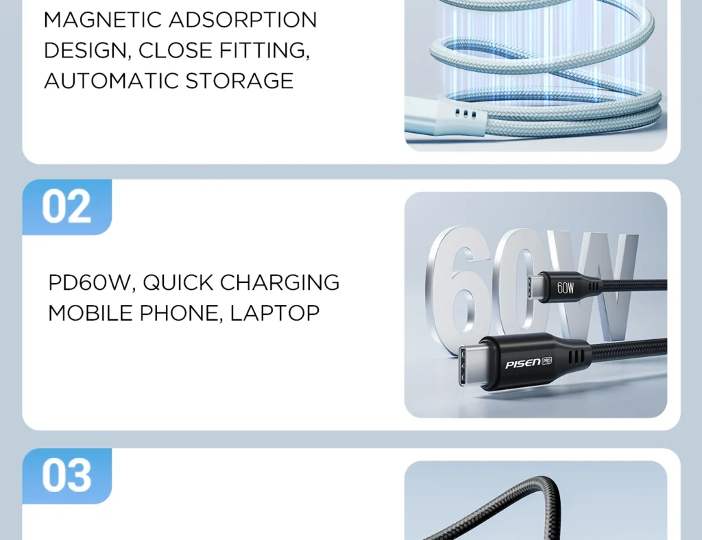 PISEN PRO C To C 60W Magnetic Braided Fast Charging Data Cable 1m CC FC22 1000 04