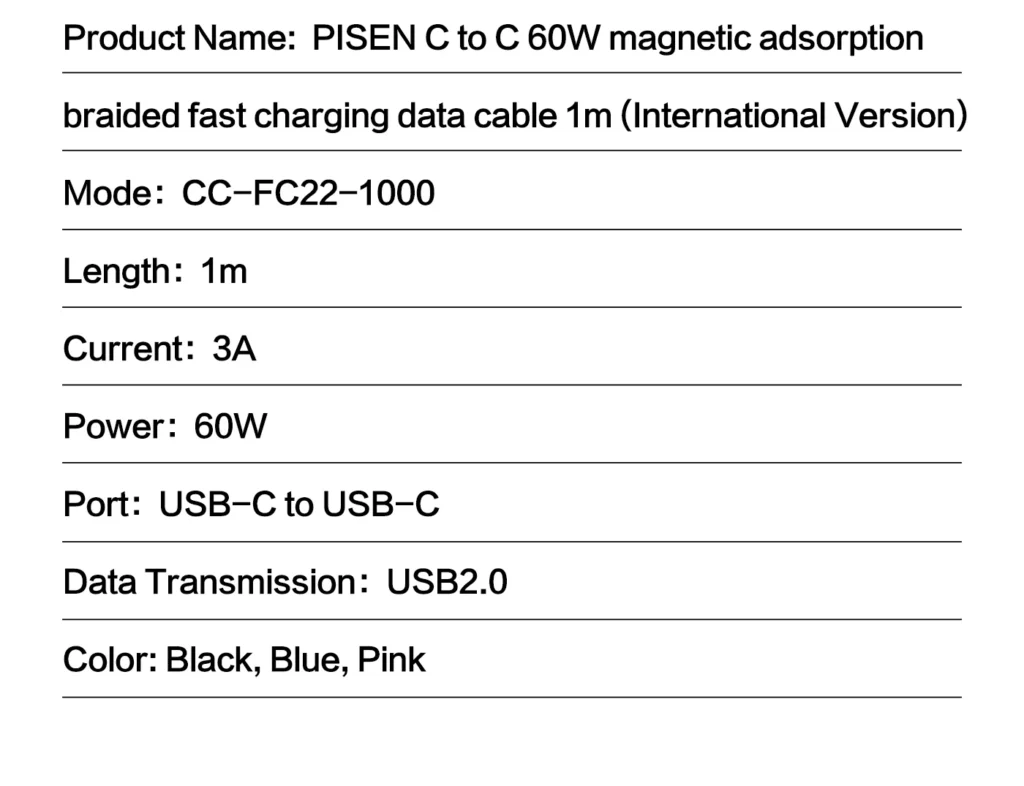 PISEN PRO C To C 60W Magnetic Braided Fast Charging Data Cable 1m CC FC22 1000 16