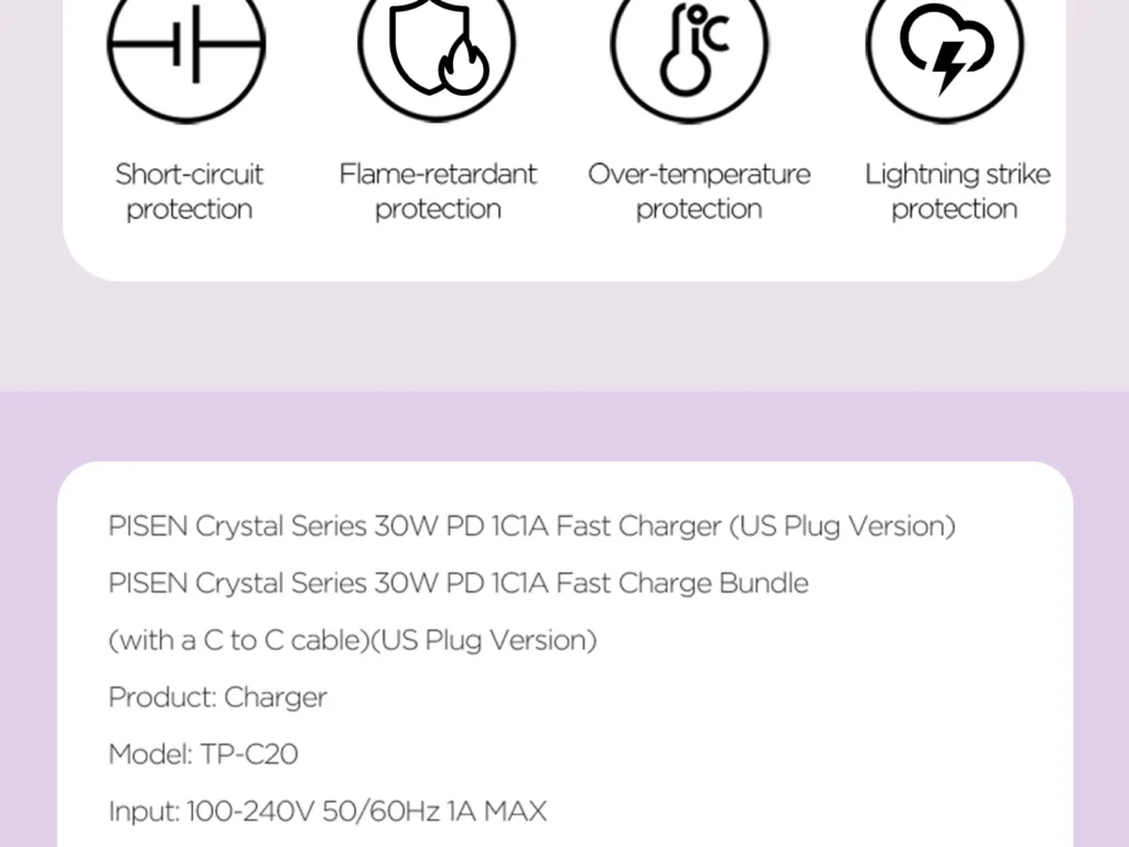TP C20 PISEN PD30W Crystal Dual-Color Fast Charger 1C1A (US Version) 15