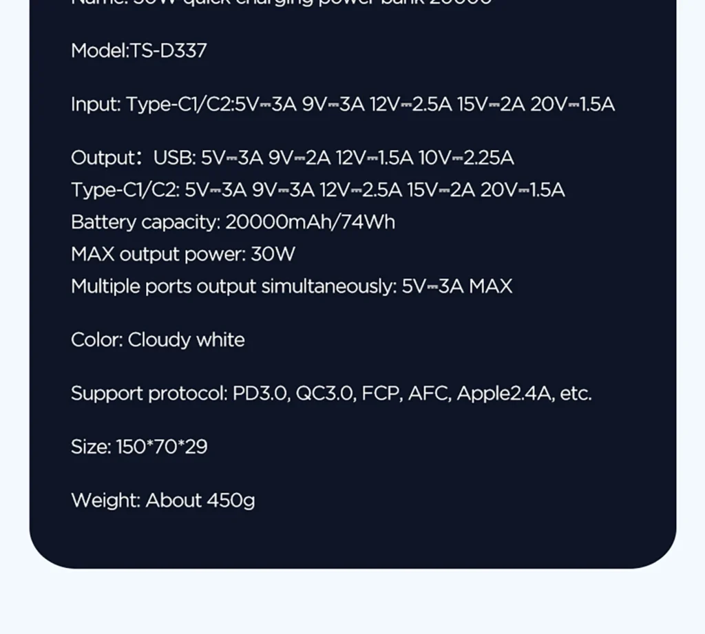 TS D337 PISEN QUICK 30W Fast Charging Power Bank 20000 Overseas 10