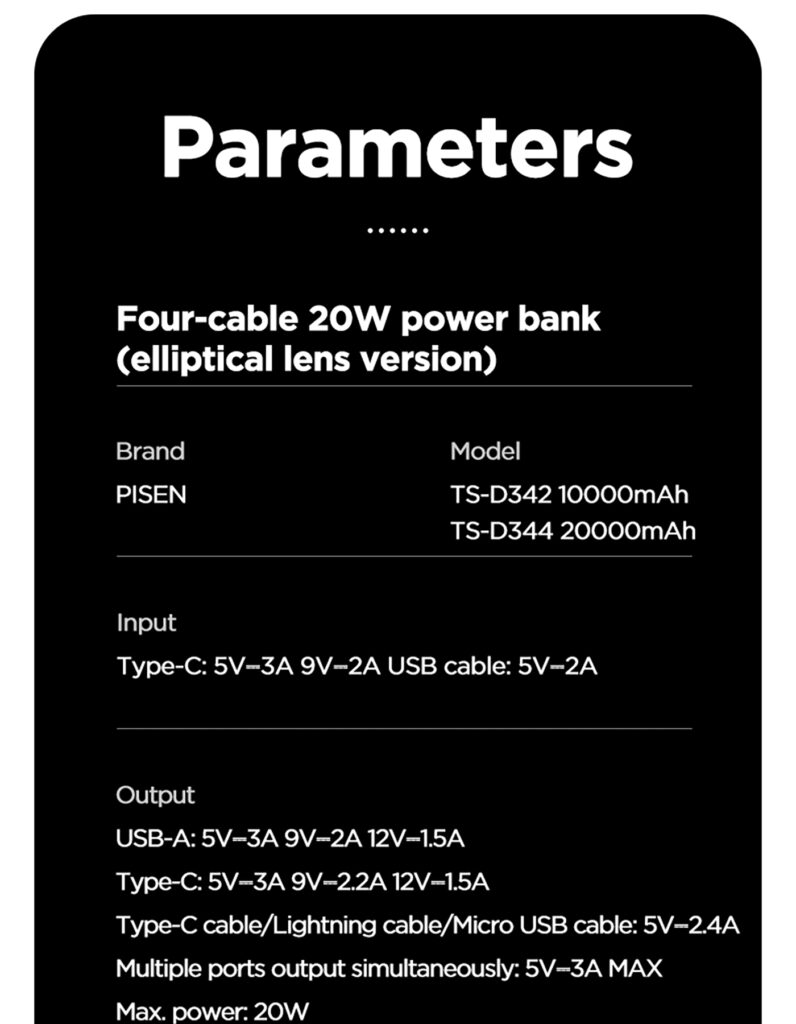 Four Built-in Cable 20W Power Bank (Oval Lens Version) TS D342 TS D344 Overseas 09