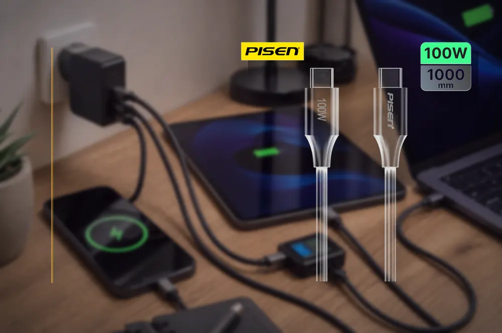 PISEN QUICK C to C PD100W fast charging data cable 1m(CC-PD02-1000/ White) in a practical cable setup