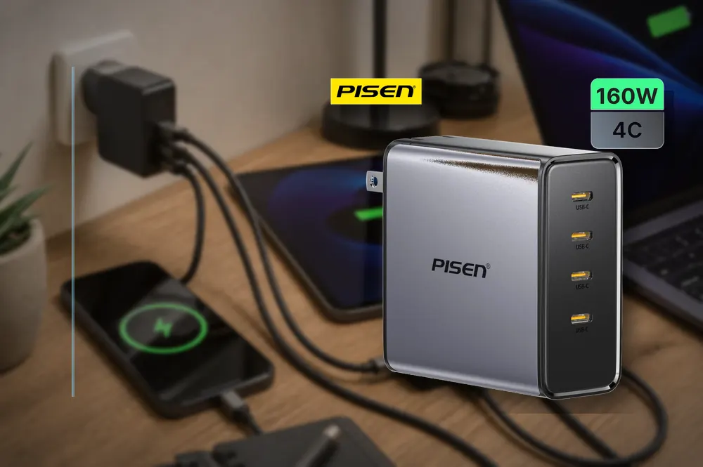 PISEN BOLT Pro 160W 4-Port GaN Fast Charger Set TP-C81 in a practical charger setup