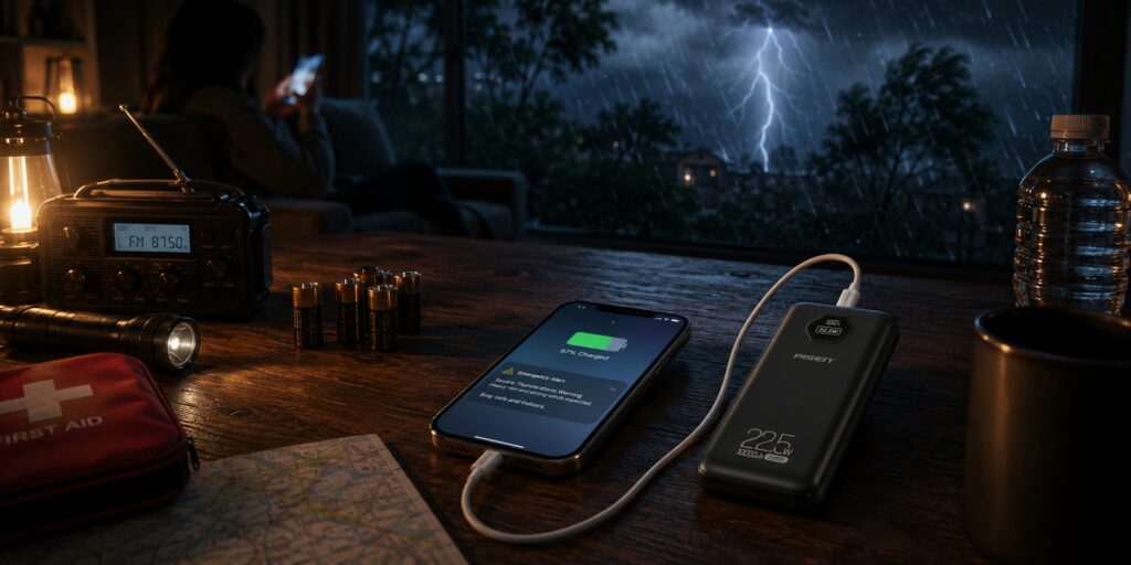 Smartphone charging from a PISEN power bank during a storm-related power outage