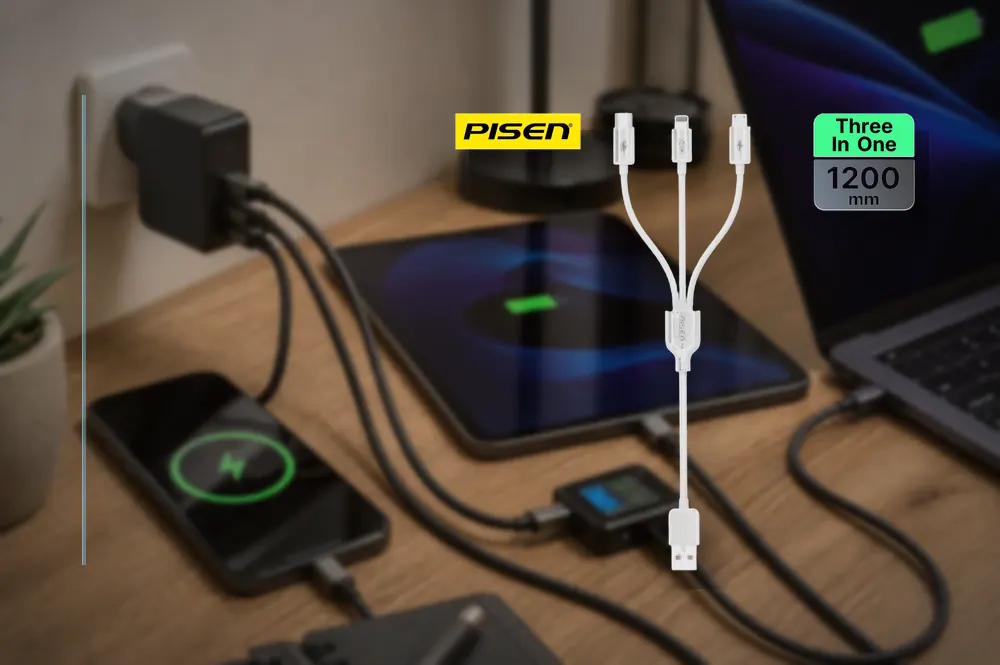 PISEN Mr White 3 In 1 Cable 1200mm AP07-1200 in a practical cable setup