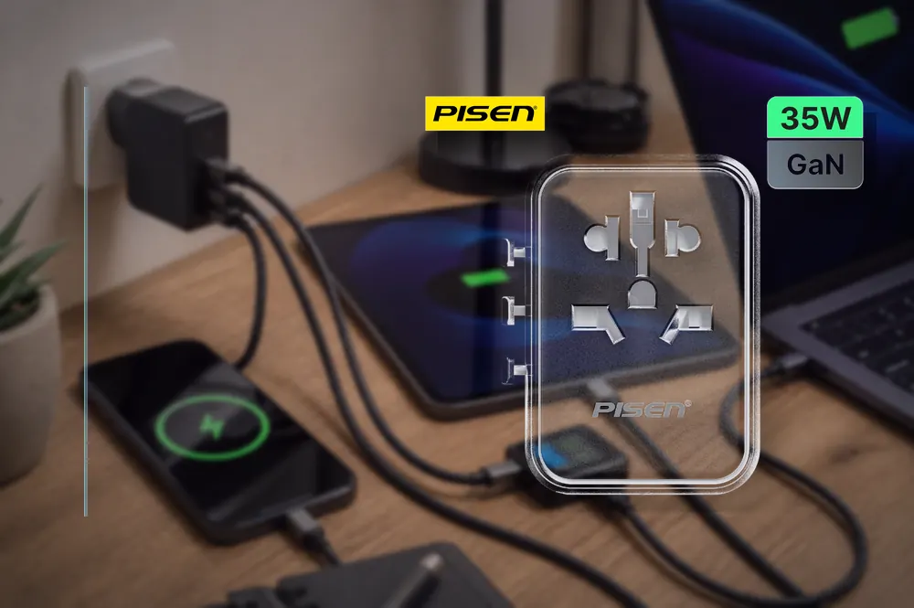 PISEN Global Travel 35W 5-Port GaN Fast Charger TP-C110 in a practical charger setup