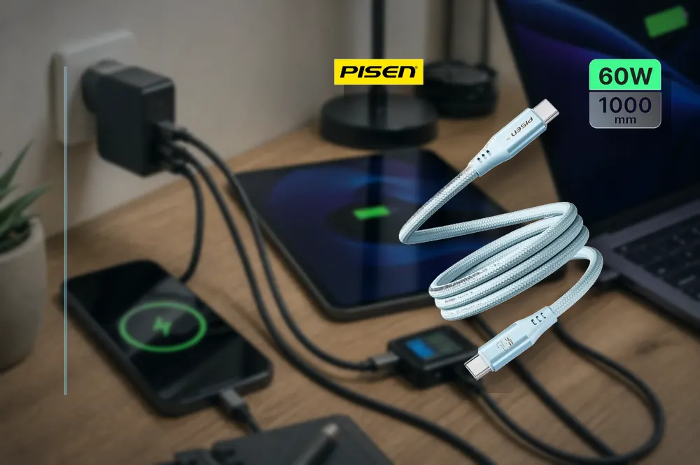 PISEN C to C 60W magnetic braided fast charging data cable 1m CC-FC22-1000 in a practical cable setup