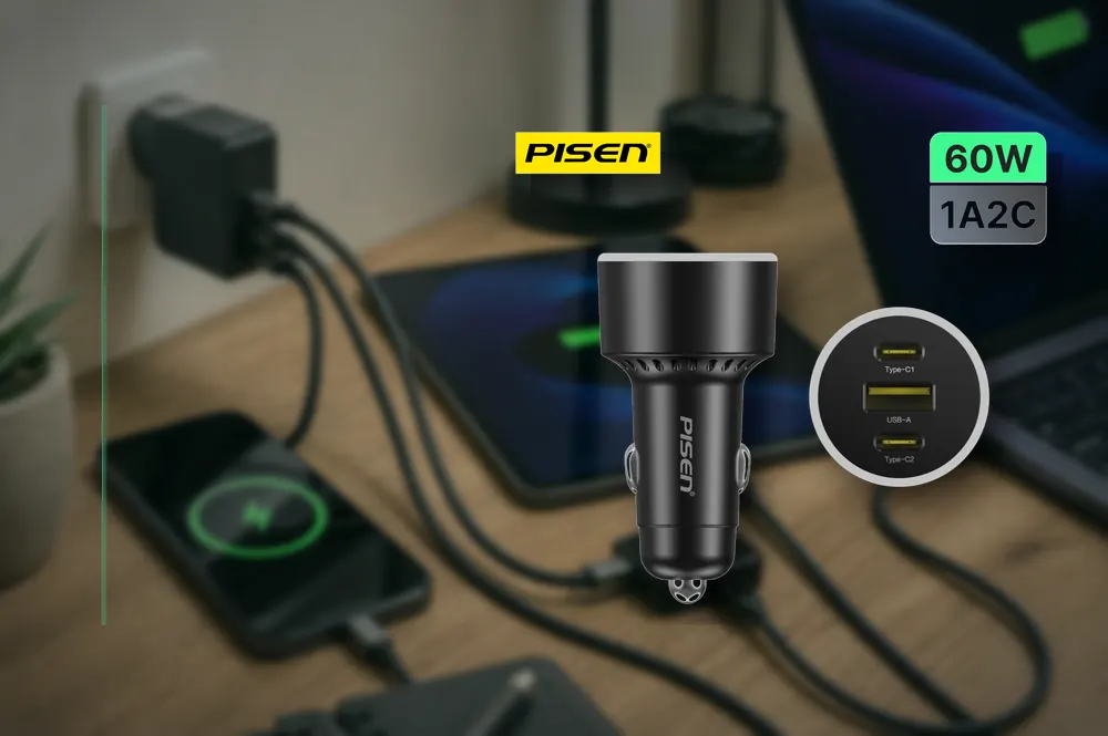 PISEN 60W Multi-port Fast Charging Car Charger 2C1A (TP-C79/Black) in a practical charger setup