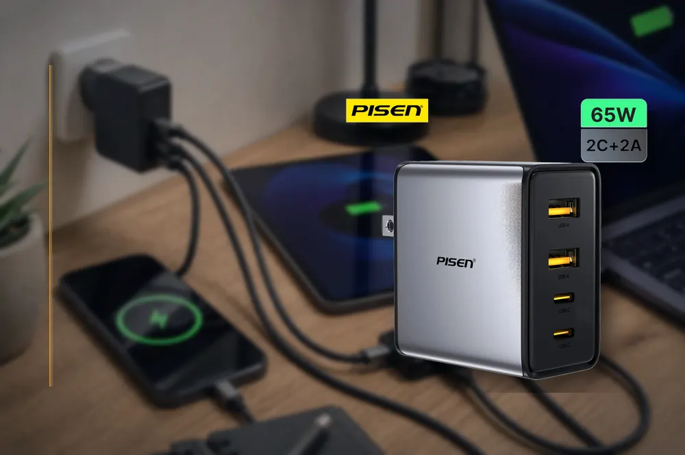 PISEN BOLT Utility 65W 4-Port GaN Fast Charger TP-C66 in a practical charger setup