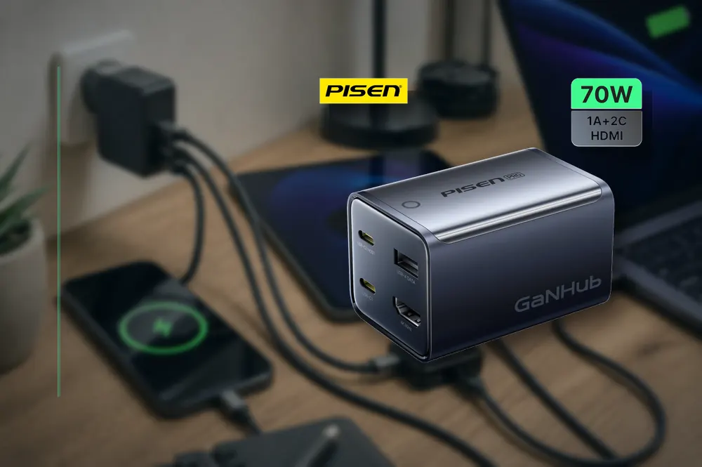 PISEN GaNHub 70W 4-Port Fast Carger(US) TS-C190 in a practical charger setup