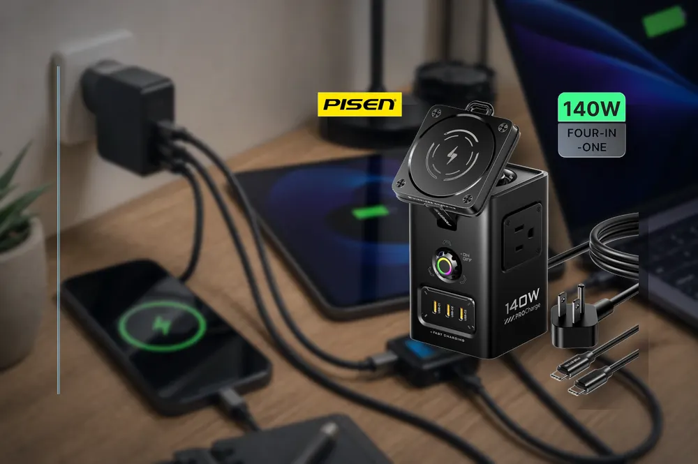 PISEN 140W GaN Magnetic Wireless Charging MagStation 8-in-1 Socket Set KF27 in a practical charger setup