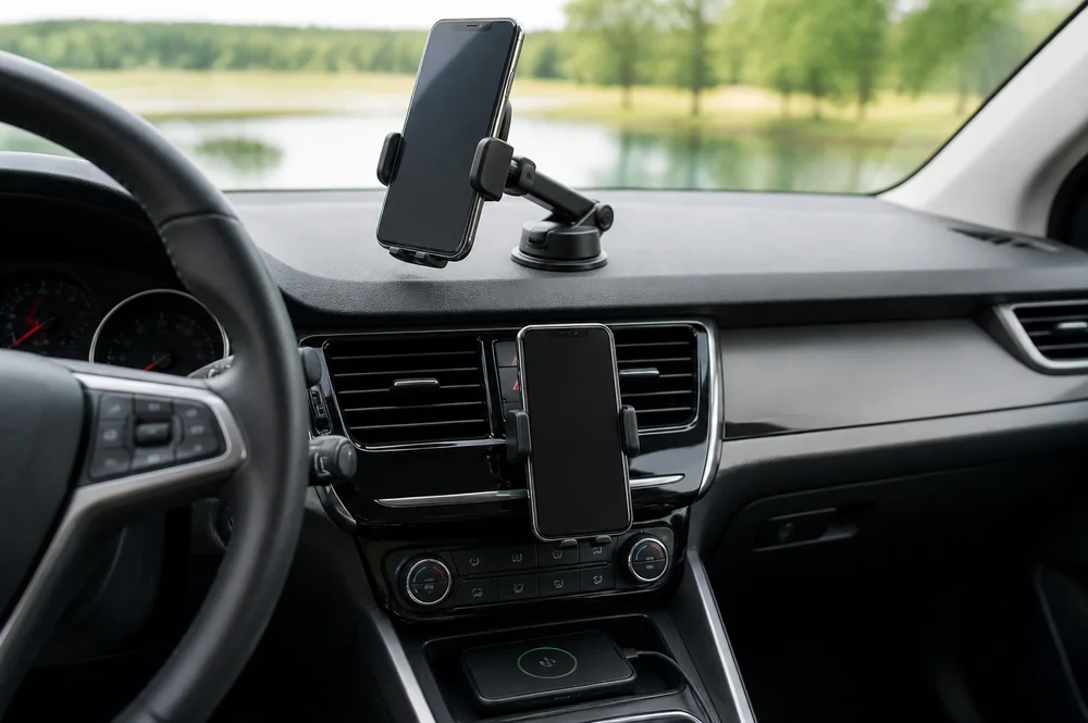 Dashboard and air-vent phone holders with a wireless charging pad inside a car