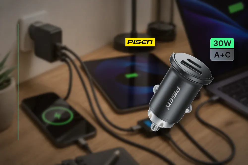PISEN Quick Type-C+USB-A 30W Mini Car Charger TP-C73 in a practical charger setup
