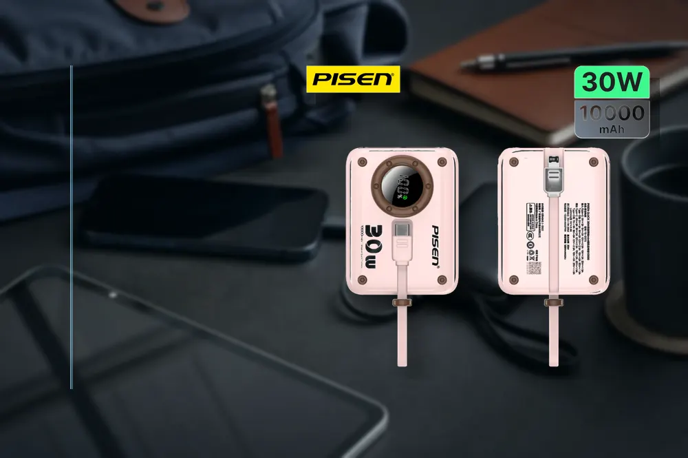 PISEN QUICK 30W Mini Camera Power Bank with Dual Cable TS-D373 in a practical powerbank setup