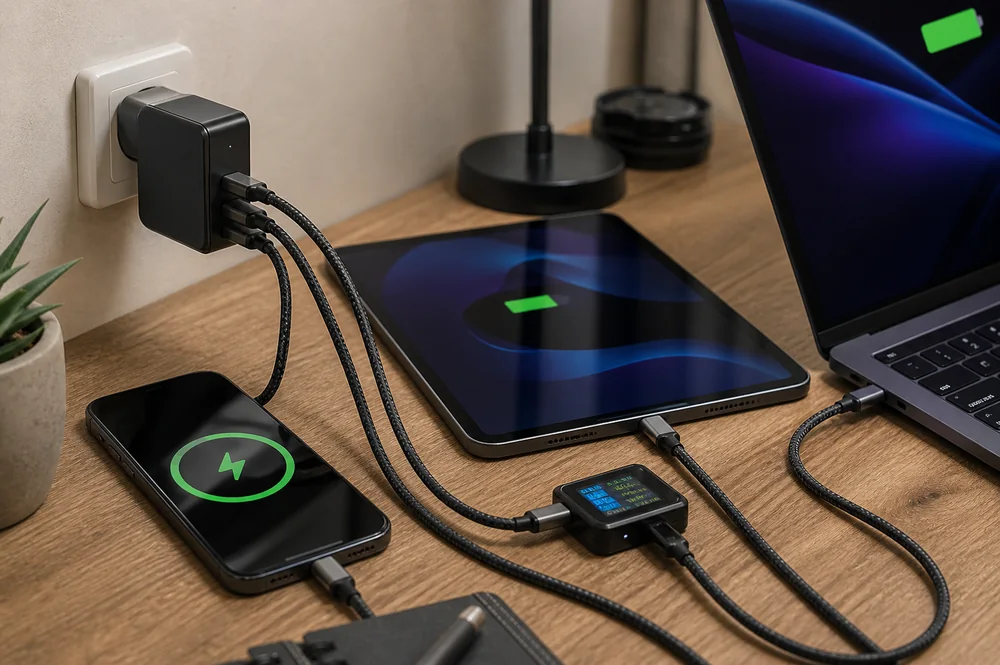 5000mAh vs. 10000mAh vs. 20000mAh Power Banks: Which Is Best? 3 GaN charger powering a smartphone, tablet and laptop with braided USB-C cables on a desk