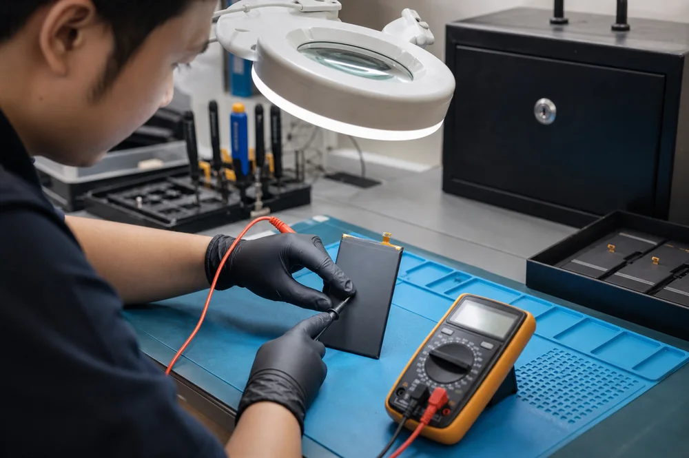 Which iPhone Replacement Screens Should a New Repair Shop Stock? 4 Technician checking an iPhone replacement battery with a multimeter on a protected repair bench
