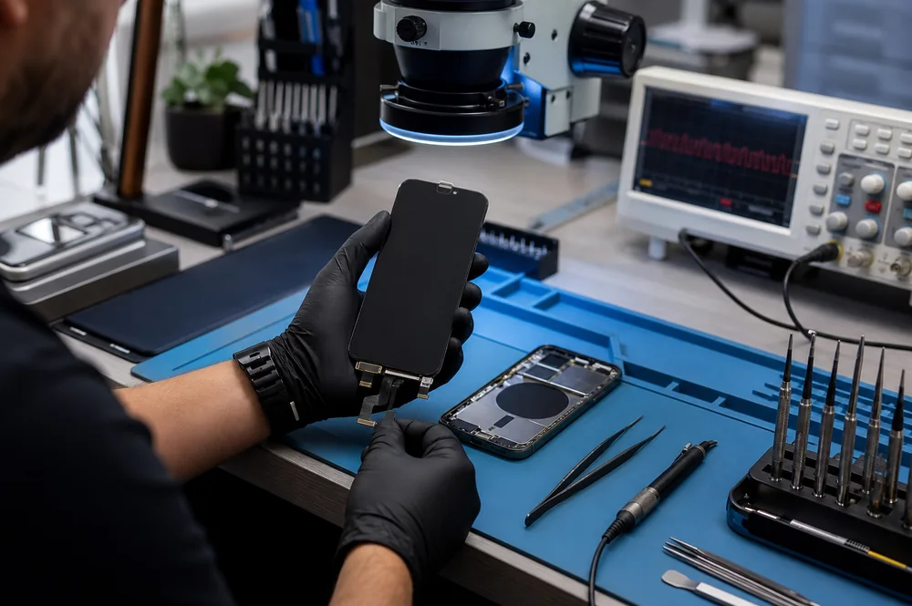 Which iPhone Replacement Screens Should a New Repair Shop Stock? 2 Technician testing an iPhone replacement screen with a microscope and precision tools in a repair workshop