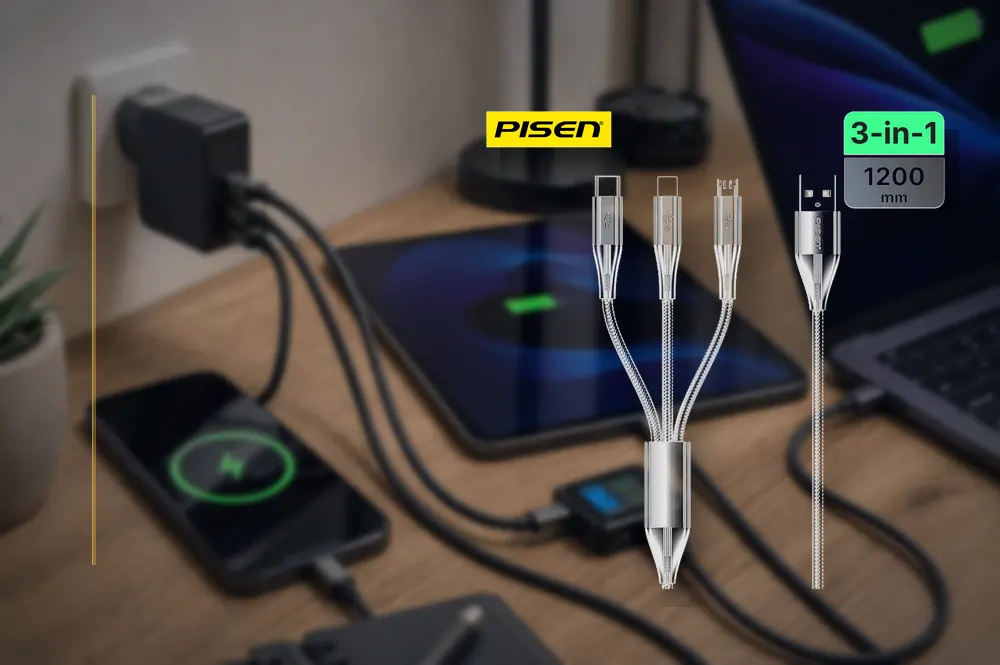 PISEN Star Speed USB to (Lightning/USB-C/Micro)1.2m Braided Cable AP-FC17-1200 in a practical cable setup