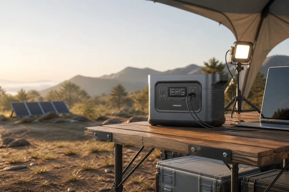 PISEN portable power station powering a laptop and LED light at an outdoor campsite