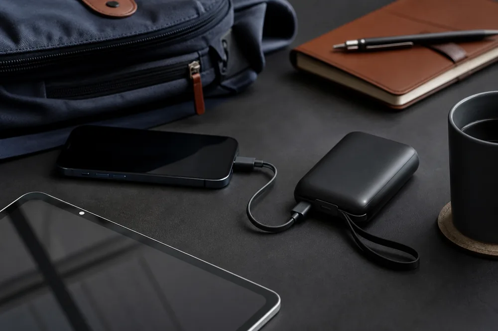 Illustration of a black power bank charging a smartphone beside a tablet and travel bag