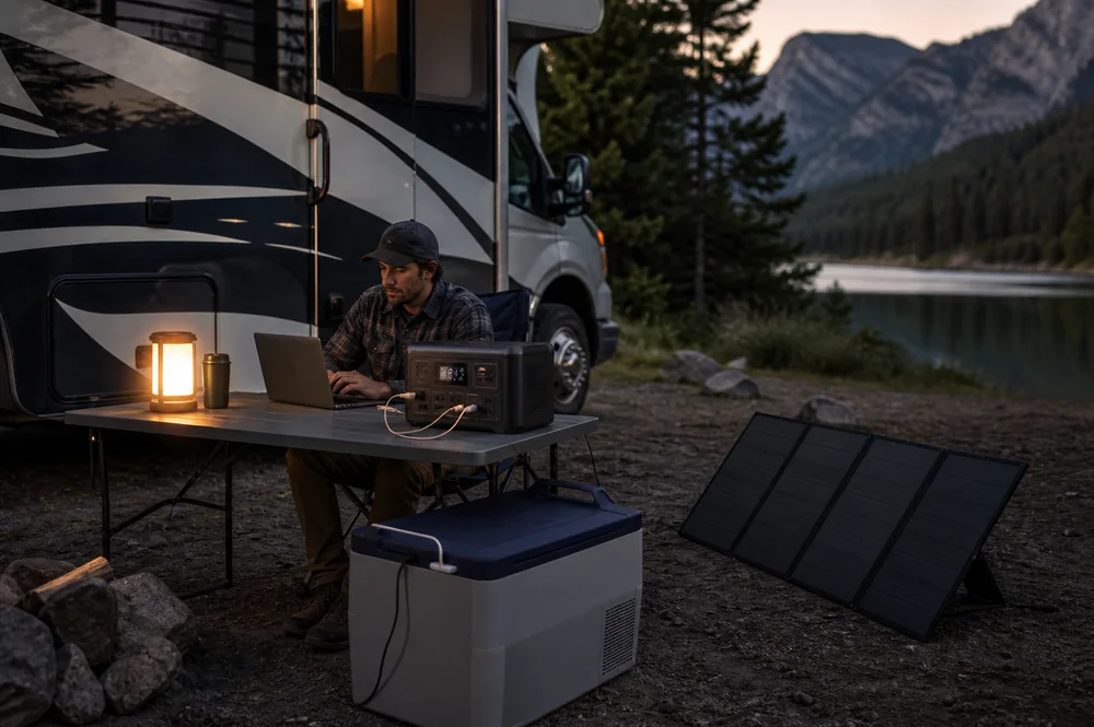 5000mAh vs. 10000mAh vs. 20000mAh Power Banks: Which Is Best? 2 Portable power station powering a lamp, laptop and cooler beside an RV campsite