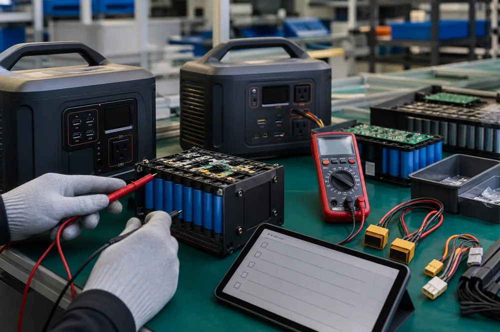 Illustration of gloved hands checking a battery pack with a multimeter beside portable power stations