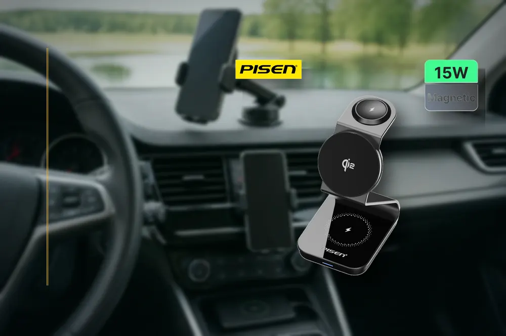 PISEN Qi2 Magnetic Desktop 3 in 1 Wireless Charger TP-C75 in a practical wireless setup