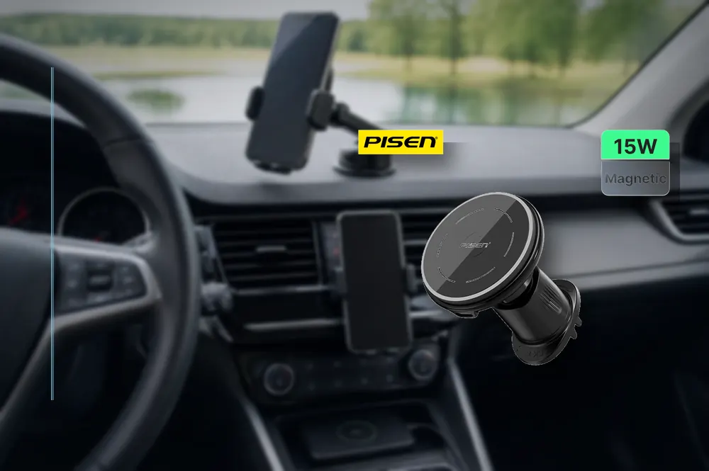 PISEN Mag Depot Qi2 15W Wireless Car Mount Charger TP-C70 in a practical wireless setup