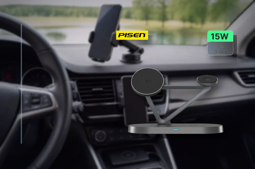 PISEN 3-in-1 Wireless Charging Stand Qi2 Version (Night Light) TP-C24 in a practical wireless setup
